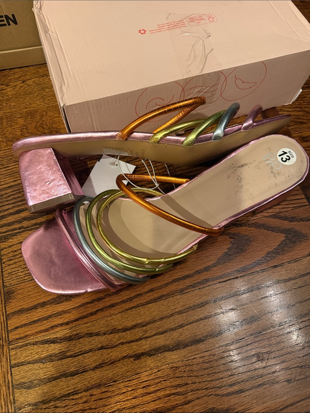 BP Metallic Pink rainbow Strappy Block Heel Sandals - Women size 13 new